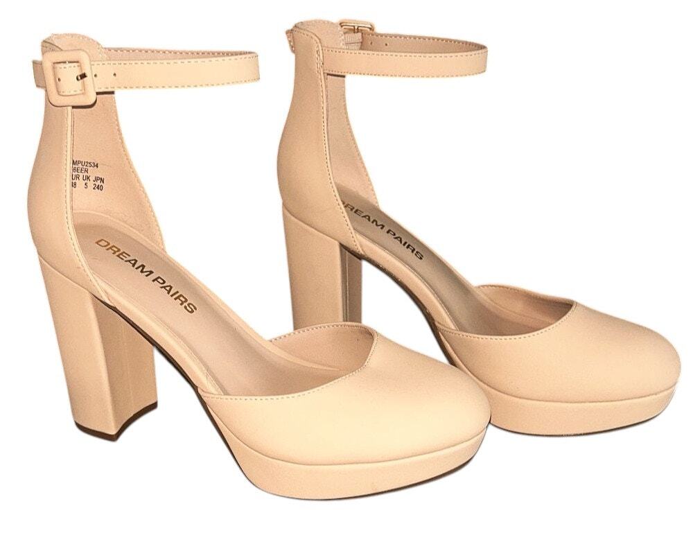 Dream Pairs Nude Closed Toe Ankle Strap Platform Block 4" Heels 7